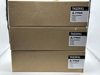 Front view of three stacked TN229XL 2-pack toner boxes