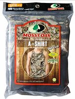 Front of sealed Mossy Oak A-Shirt two-pack showing camouflage shirt image and size label