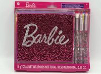 Front of sealed Barbie eyeshadow palette kit showing glitter case and brushes
