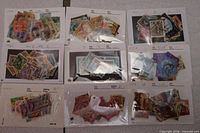 Eight of the ten stock cards visible, each containing multiple stamps in plastic sleeves