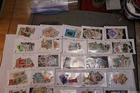 Overview of multiple stock cards filled with stamps.
