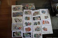 overview of stock cards laid out on table with one plastic sleeve of stamps