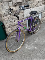Full view of purple cruiser bicycle leaning on wall