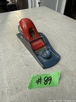 Top view of Stanley 110 blue body, red lever cap, #89 tag