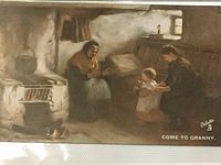 Front of "Come to Granny" postcard showing interior cottage scene