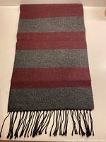 Full view of scarf showing stripes and fringe