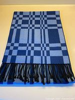 Full view of checked silk scarf showing pattern and fringe