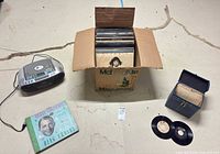 Overall lot: box of LPs, boombox, Bing Crosby LP, blue 45 case with records