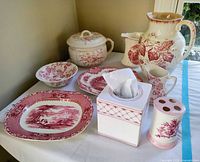 Group shot showing all Blossom transferware pieces