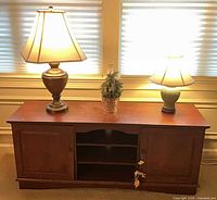Front view of media console with two table lamps and potted plant