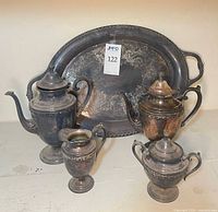 Full set showing tray, two teapots, sugar bowl, creamer