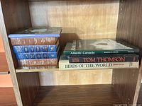 Shelf with all eight hardcover books, both vertical and horizontal stacks visible