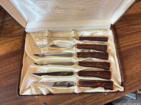 open case showing six steak knives in satin lining