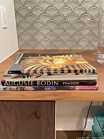 Stack of the six books showing spines including Treasures of Tutankhamun and Auguste Rodin