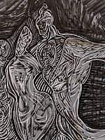 Detail of upper section showing layered acrylic lines and textures