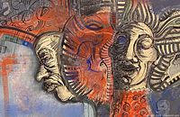close-up of central section showing two stylized faces and mixed media texture