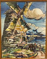 Full view of framed painting showing windmill scene