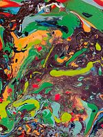 Front view of abstract acrylic pour painting showing full colour composition