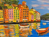 Close view of painted waterfront buildings and boats