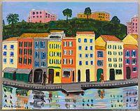 Full view of framed painting showing waterfront scene