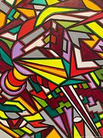 Close-up of painting showing geometric shapes and color palette