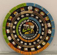 Front view of circular painted calendar plaque