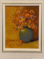 Close view of the painting showing subject, colors, and artist signature