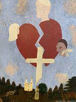 Close-up upper section with broken heart, cross, profiles