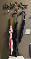 Full view of three umbrellas hanging on floral wall hook