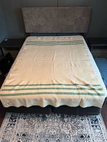 Blanket spread on queen bed showing full pattern and color