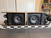 Front view without grilles showing drivers of both speakers