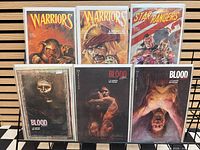 Six fantasy/adventure comics: Warriors 1-2, Star Rangers 2, Blood: A Tale 1-3 in sleeves on rack