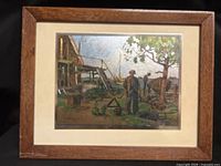 Overall view of framed artwork with mat and wood frame