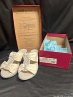 Sandals displayed with opened box and lid interior text visible