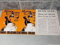 Two orange Reno Aces 1968-69 season program booklets and one white Reno Aces vs Denver Stars 1969 game sheet