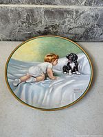Front view of plate with toddler and puppy image