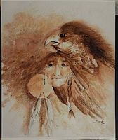 Full view of signed art print showing Indigenous woman, eagle head, moon and feathers