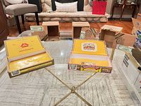 Overall view showing two hinged boxes open and three slide-top boxes behind