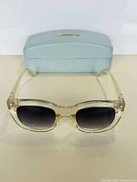 Front view of clear frame sunglasses with case behind