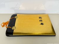 Full view of closed album showing gold front and black lacquer edges
