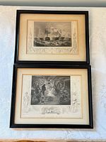 Two framed etchings stacked, showing full view of each framed print