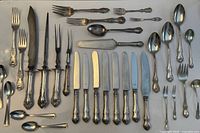 All flatware pieces laid out showing fronts and pattern