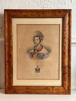 Framed lithograph showing full view with birds-eye maple frame and mat