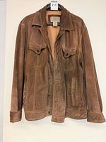 Front view of L.L.Bean suede bomber jacket showing pockets, buttons, collar and overall wear