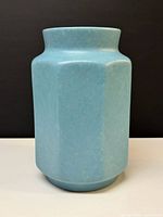 Full view of vase showing octagonal sides, matte blue glaze