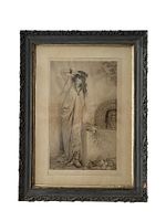 Full view of framed sepia portrait print within ornate dark frame