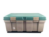 Front view of closed storage locker showing two-tone colors, dual latches, lock hasp