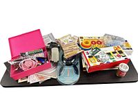 Wide view of assorted craft items on shelf