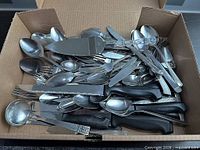 Box overview showing variety of stainless flatware and serving pieces