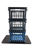 Front view of three stacked crates showing color and design